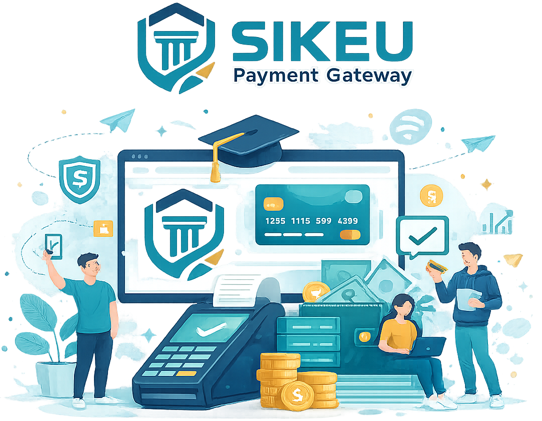 Ilustrasi SIKEU Payment Gateway terintegrasi dengan aplikasi kampus, pembayaran bank, QRIS, akuntansi, monitoring, dan rekonsiliasi